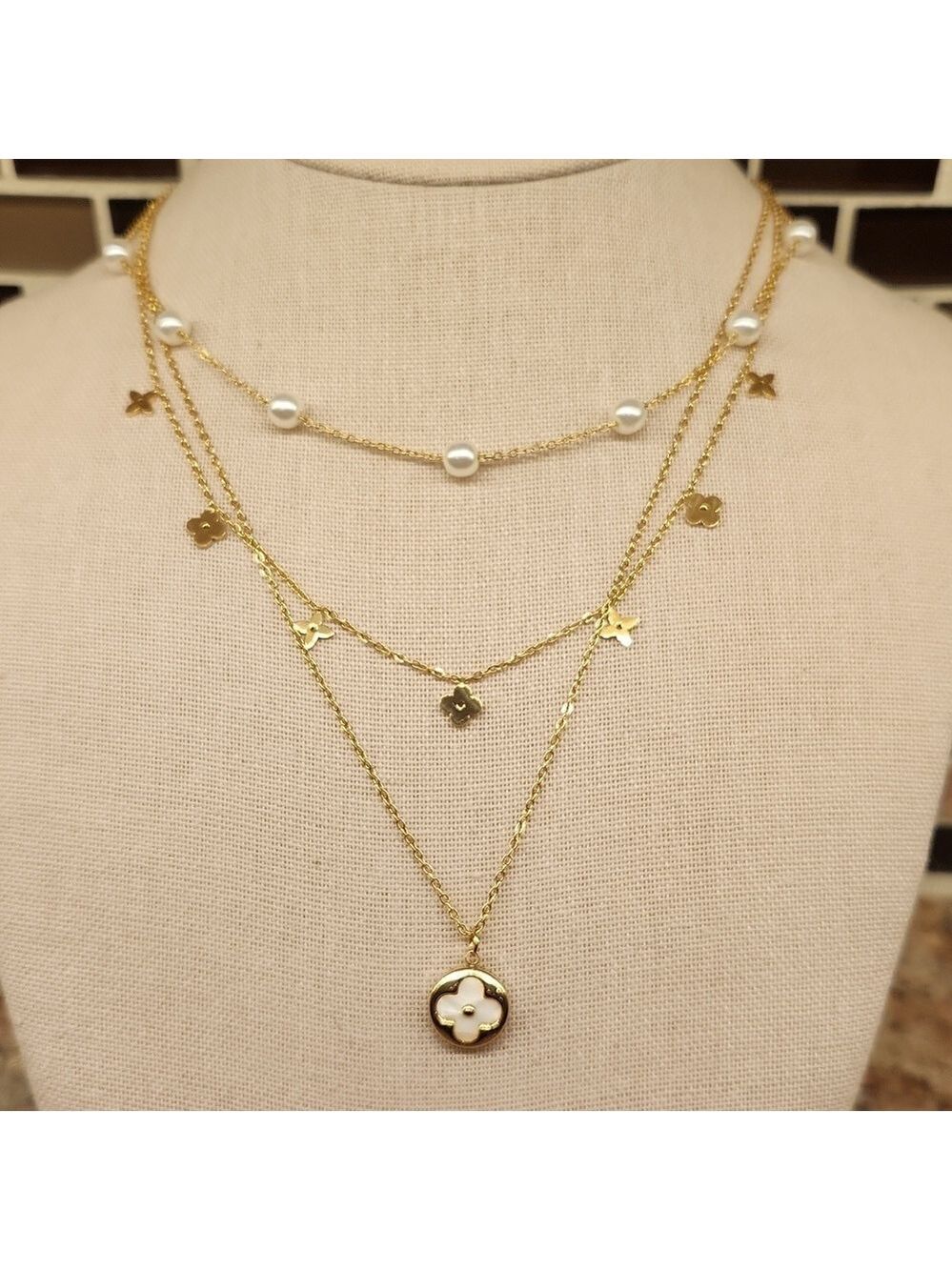 18K Gold Plated Layered Clover & Faux Pearl Station Necklace - Picture 7 of 10